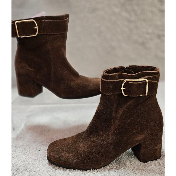 NEW C LA CANADIENNE Brown Jesse Square Toe Block‎ Heel Suede Heeled Boots 7 M - Picture 1 of 8